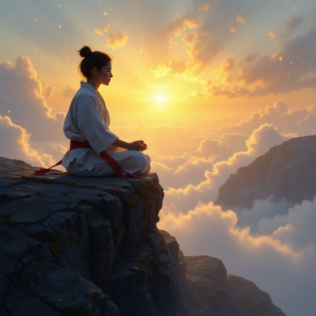 Serene Judoka Meditating on Mountaintop at Dawn
