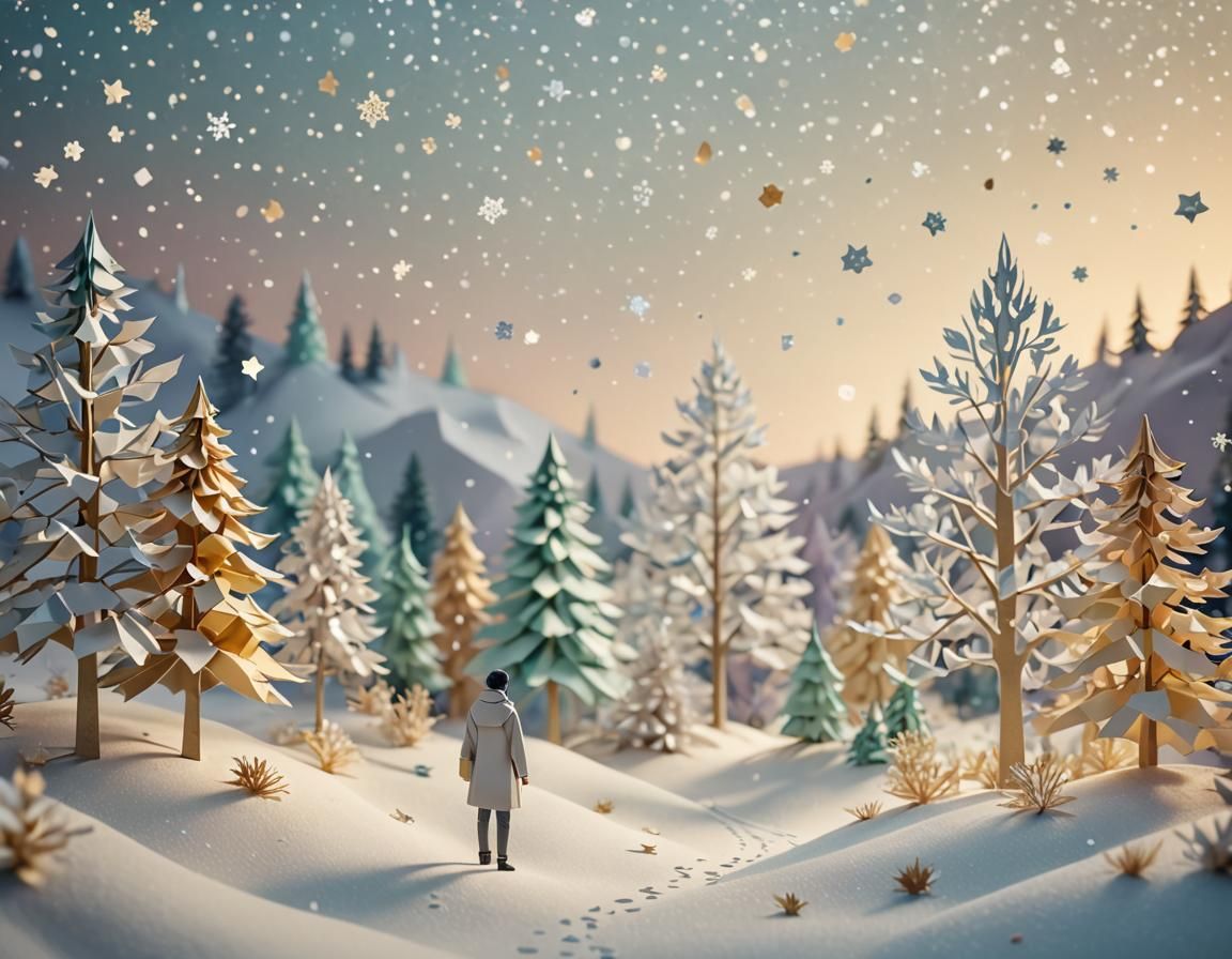 Serene Snowstorm with Papercraft Elements in Pastel Colors