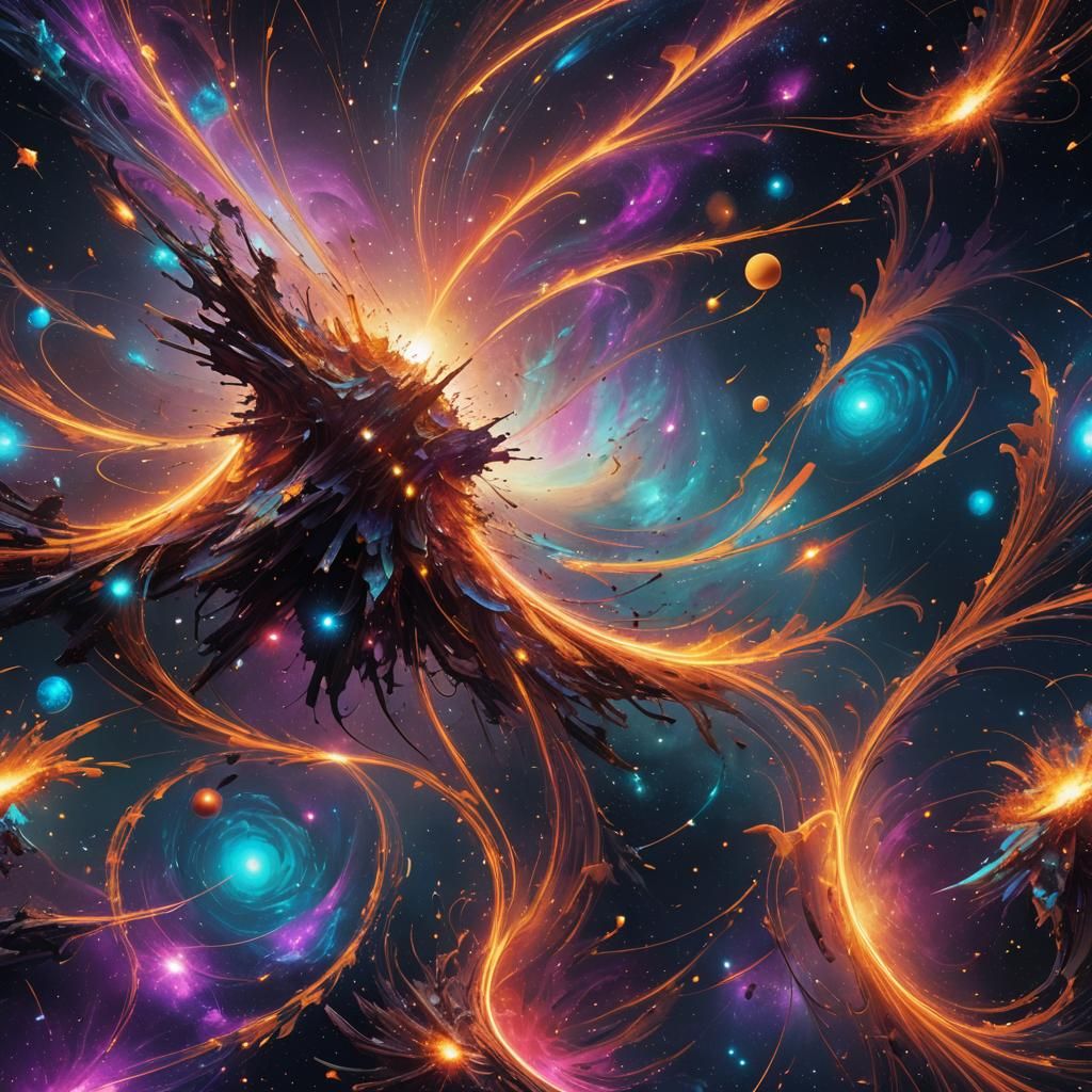 Abstract Cosmic Landscape with Neon Shooting Stars