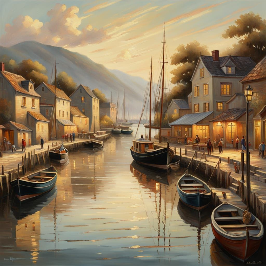 Harbor Village Scene in Impressionist Style