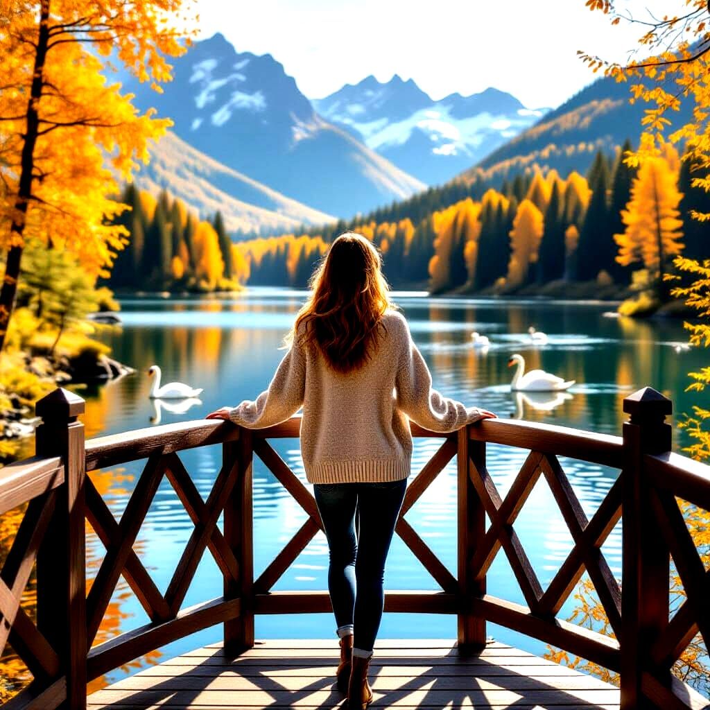 Autumn Forest Lake with Swans and Lantern Bridge