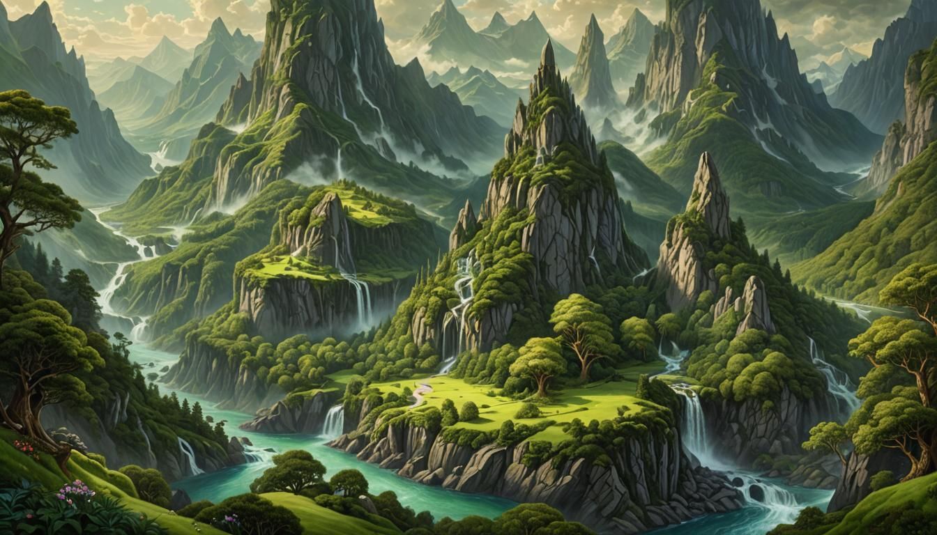 Elven Mountains: Hyperdetailed Oil Painting in Fantasy Realm