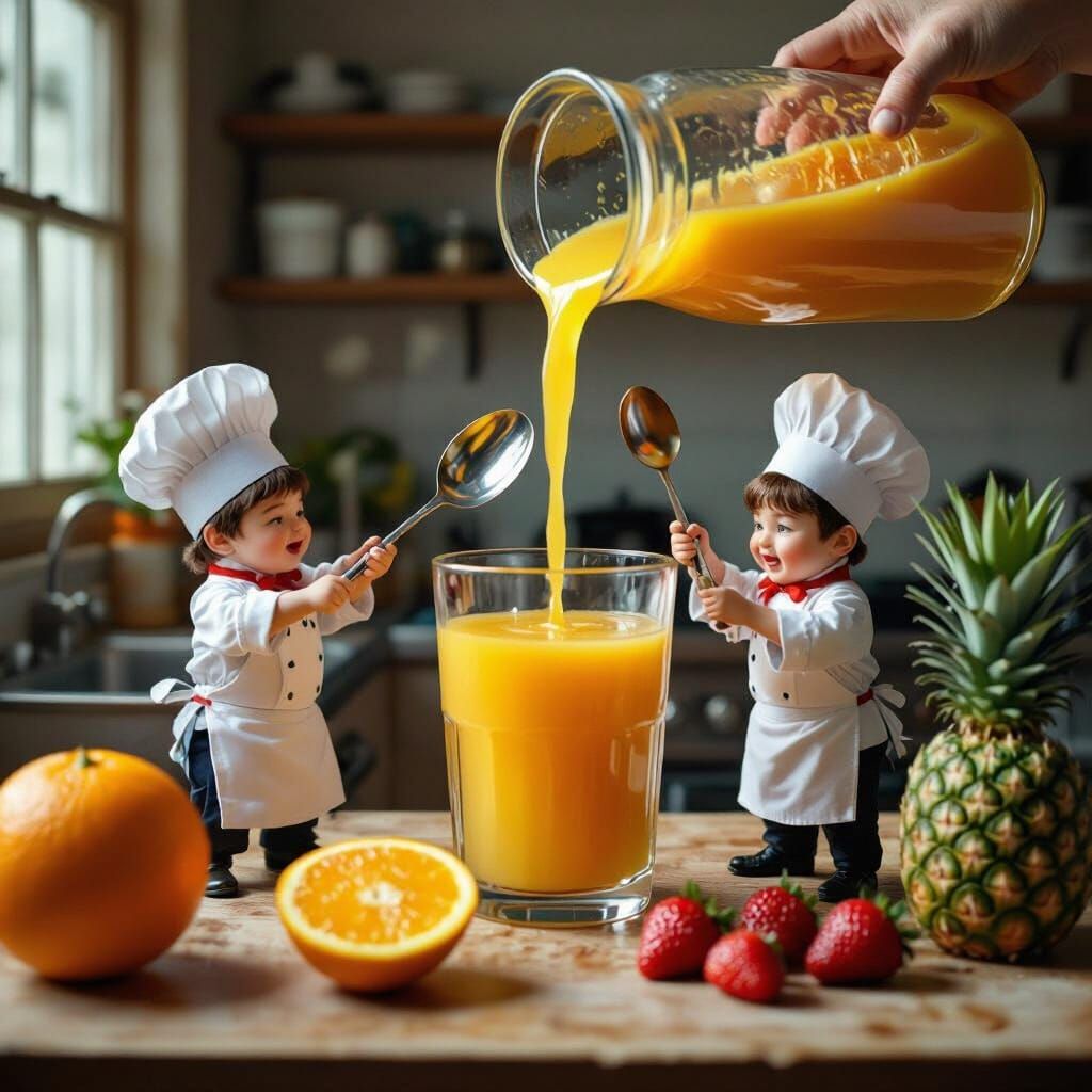 Miniature Chefs Squeezing Giant Fruit, Cinematic Still