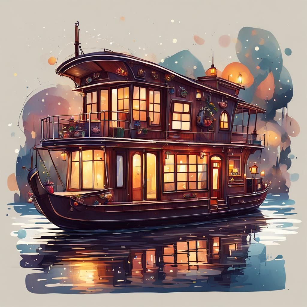 Dreamy Houseboat Cruising Under Sunset
