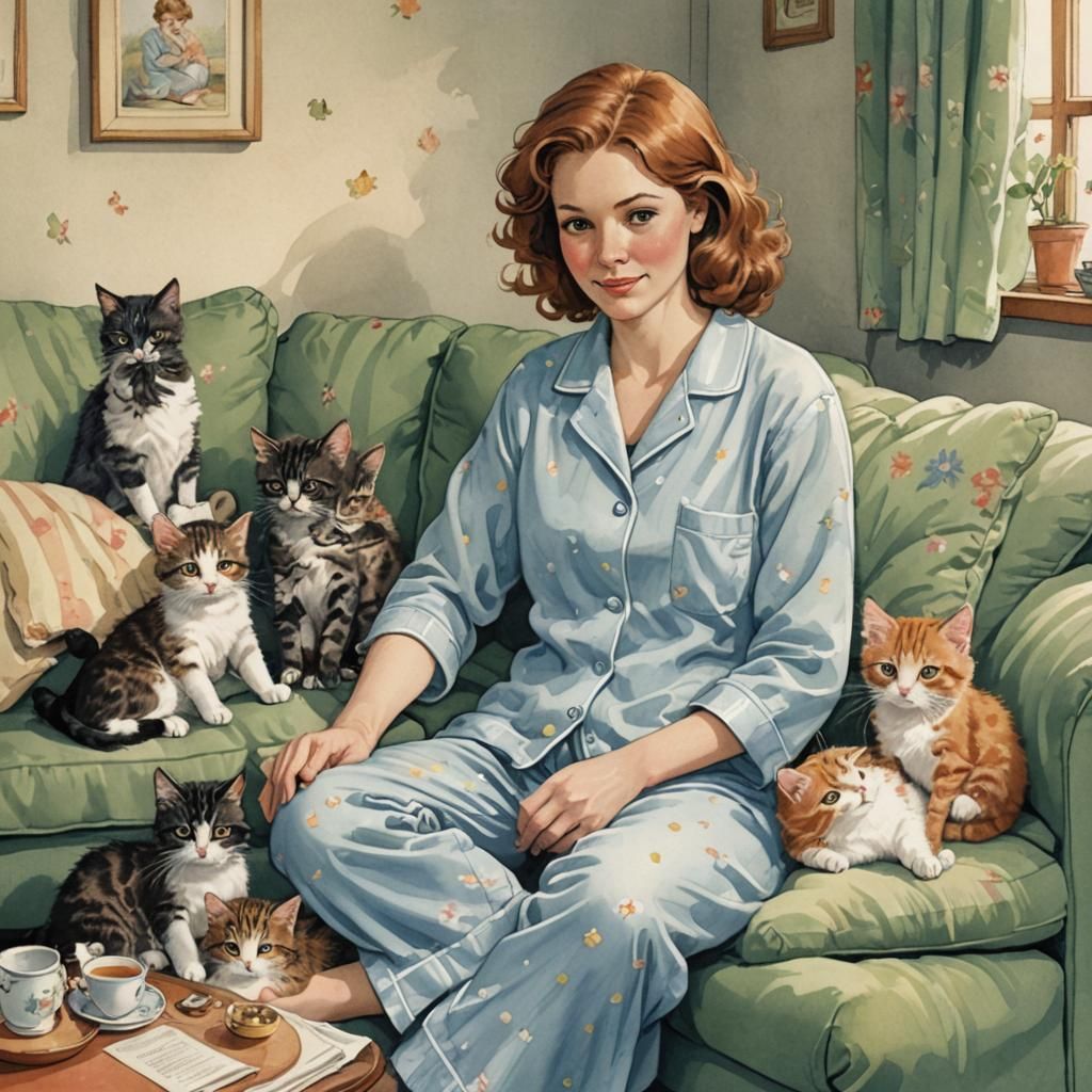 Cozy Storybook Scene: Woman with Kittens