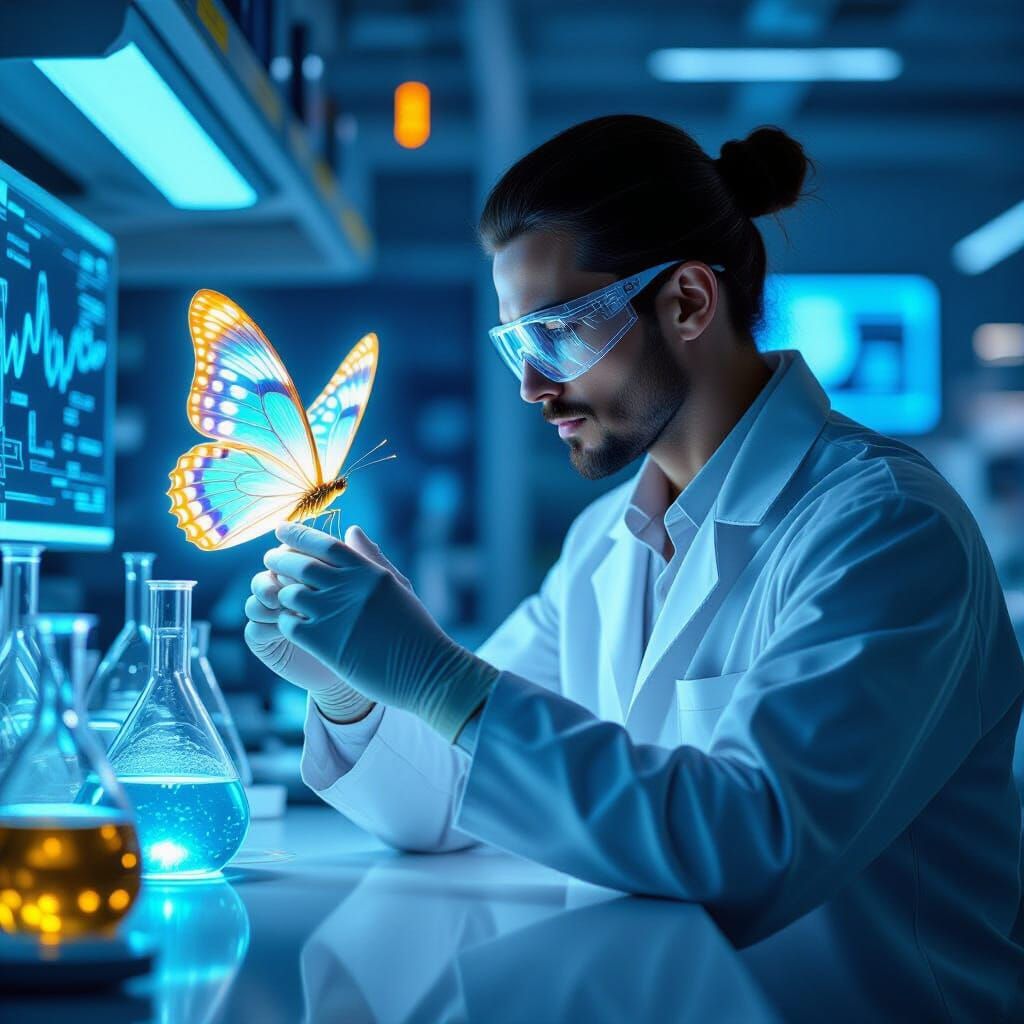 Bioluminescent Butterfly Alights in Futuristic Lab