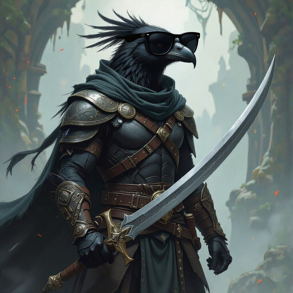 Raven Aarakocra Warrior in High Fantasy Style