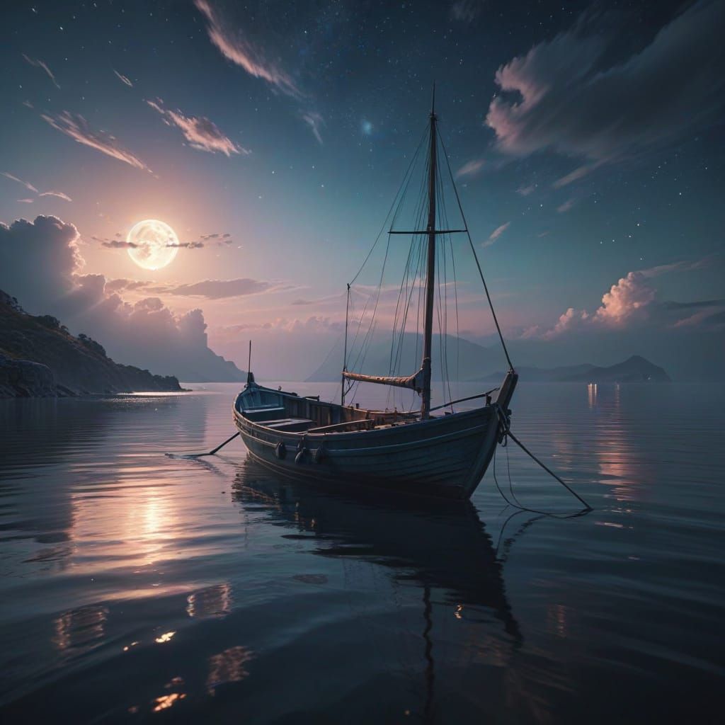 Moonlit Seascape with Boat in Digital Art