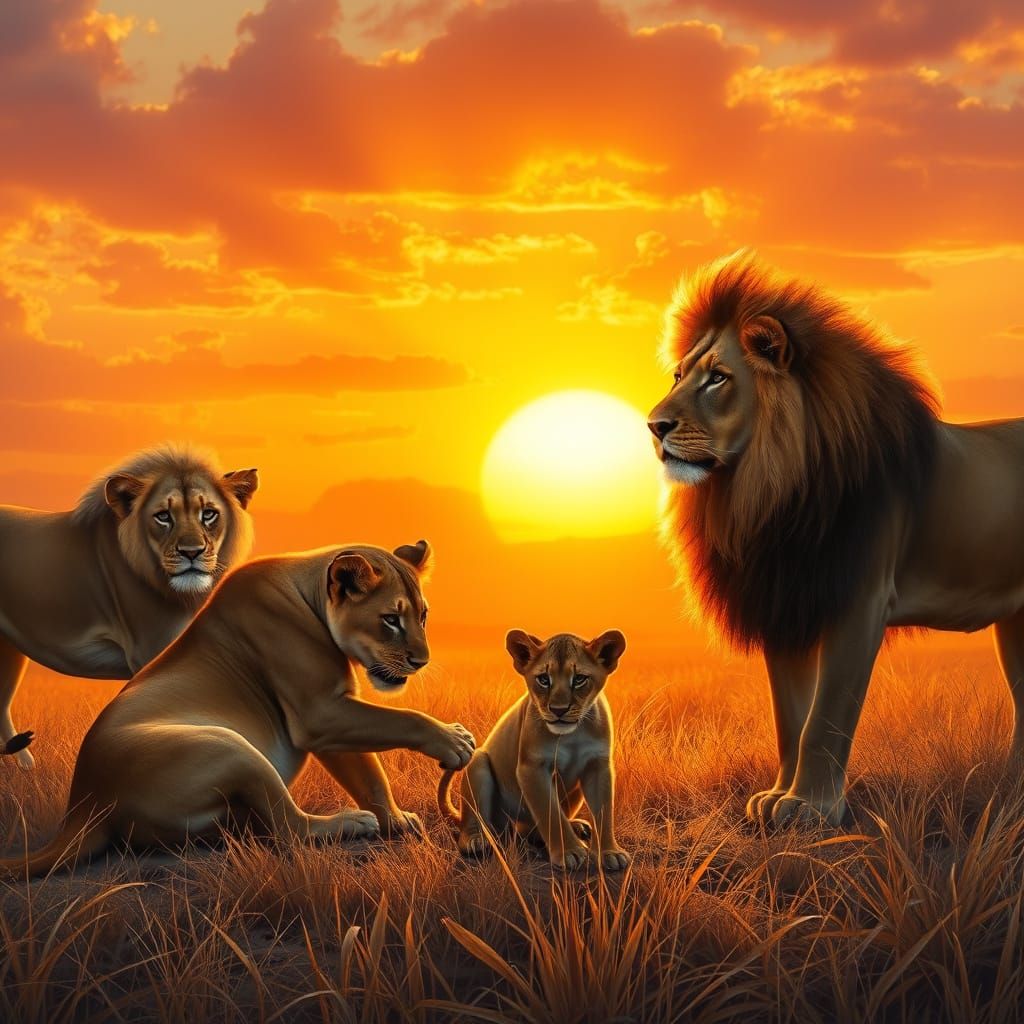Majestic Lions at Savanna Sunset