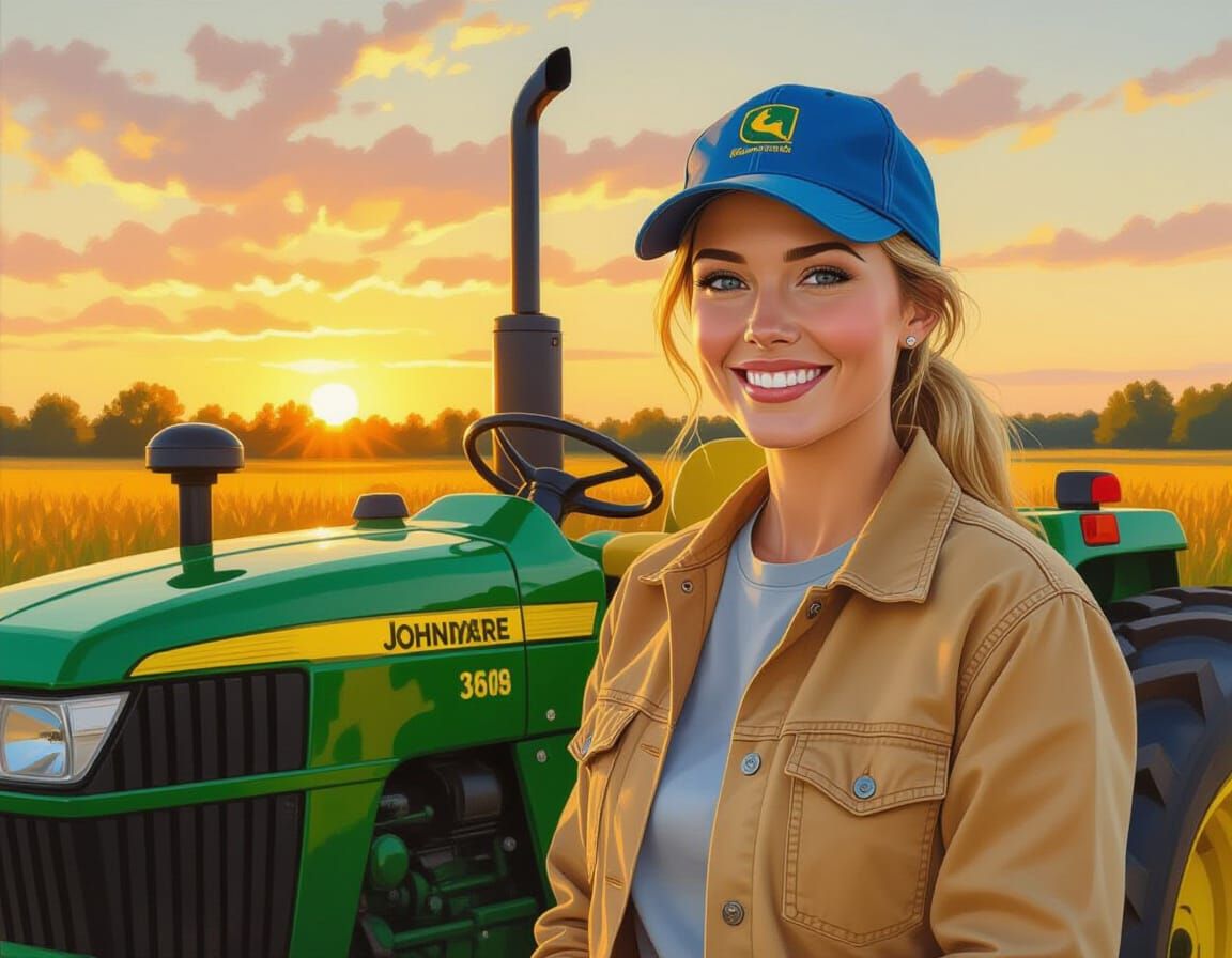 Woman and Tractor: Impressionistic Golden Hour Farmyard