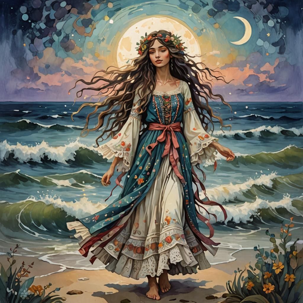 Bohemian Girl in Mystical Seascape: Impressionist Gouache