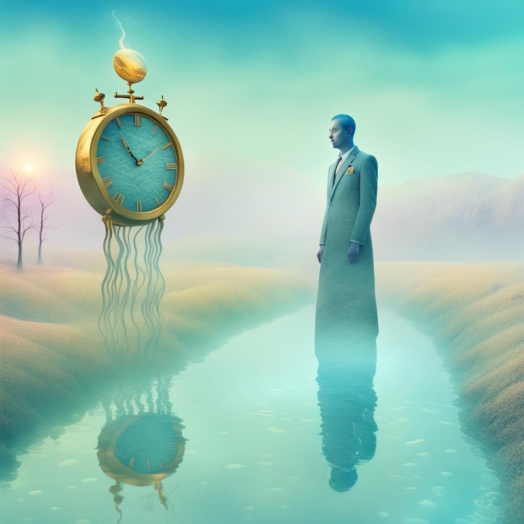 Surreal Melting Clock in Dreamlike Landscape