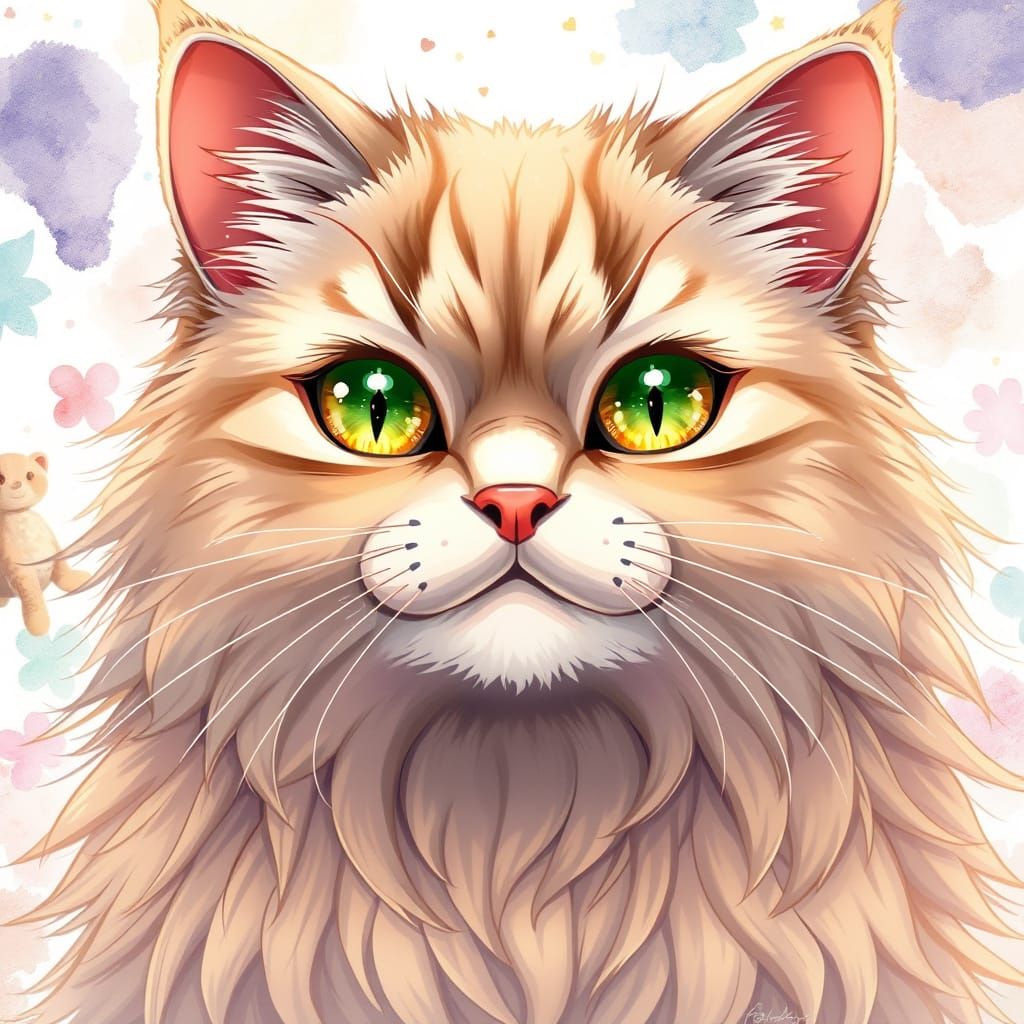 Sparkly-Eyed Cat with Glorious Fur in Anime Watercolor Style