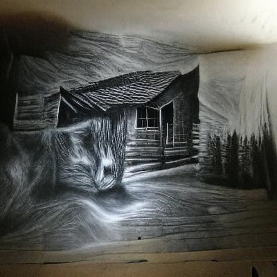 Hyperdetailed Charcoal Drawing: Haunting Cabin and Cat