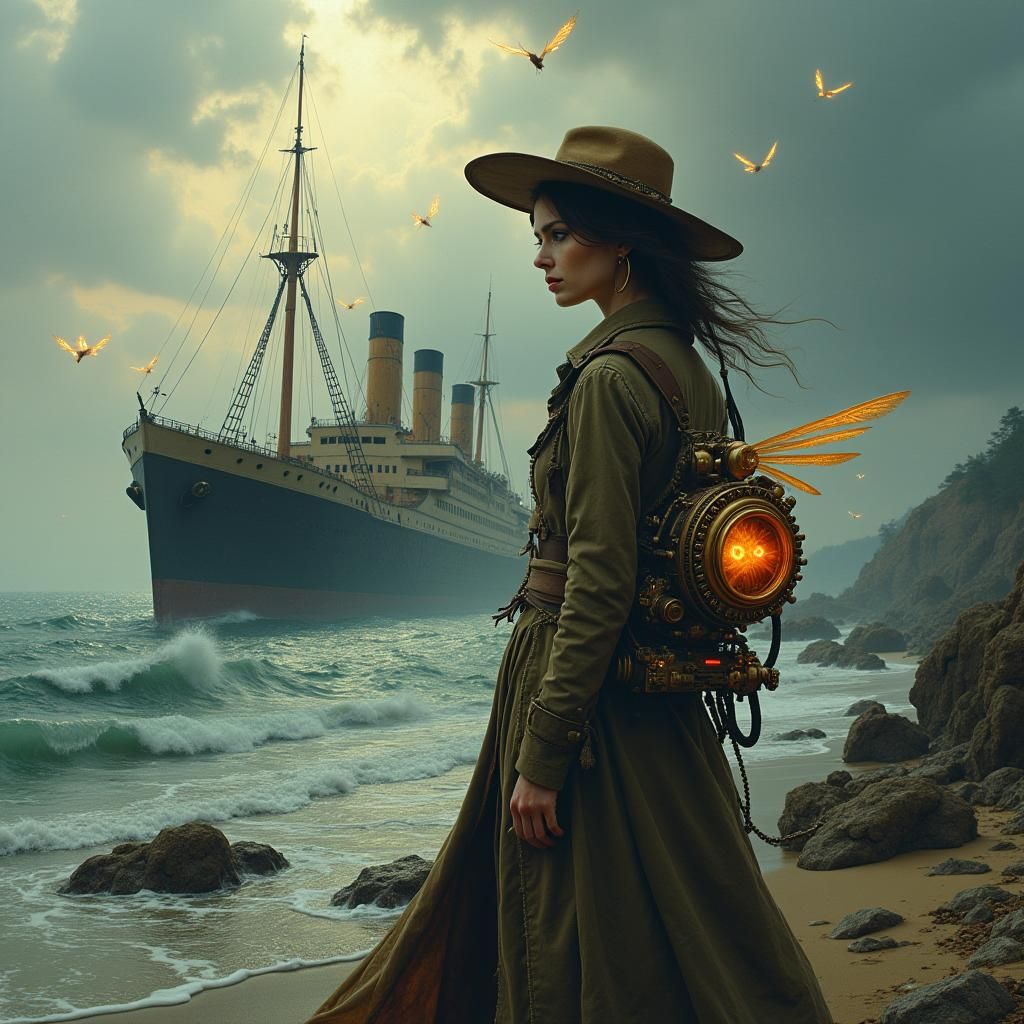 Steampunk Heroine Contemplates Turner-esque Seascape