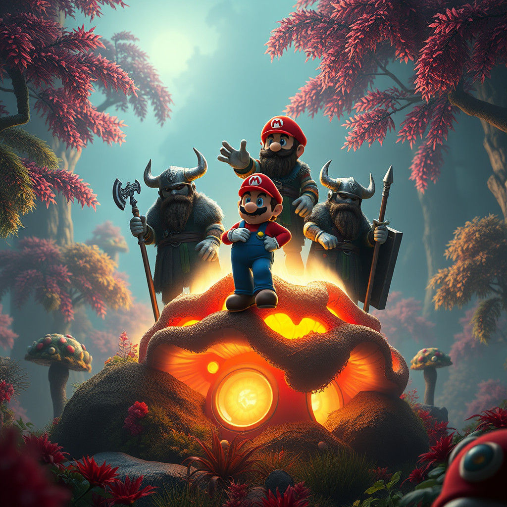 Viking Warriors Stand on Glowing Mushroom in Nordic Fantasy ...
