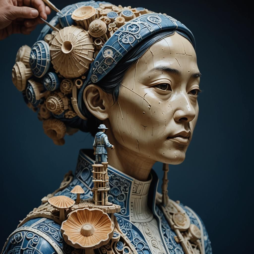 Indonesian Porcelain Workers Cultivating Mushrooms: Linocut ...