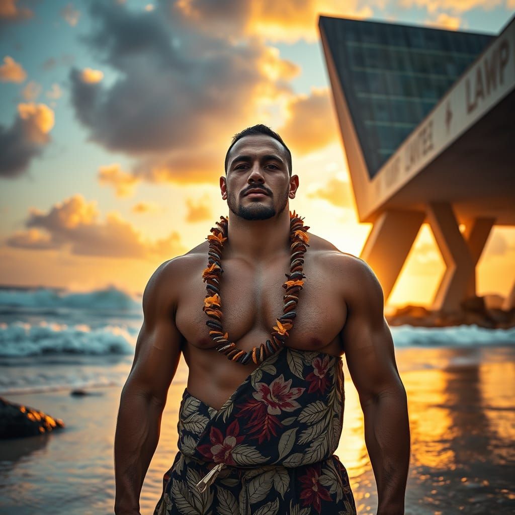 Polynesian Man on Beach with Brutalist Architecture