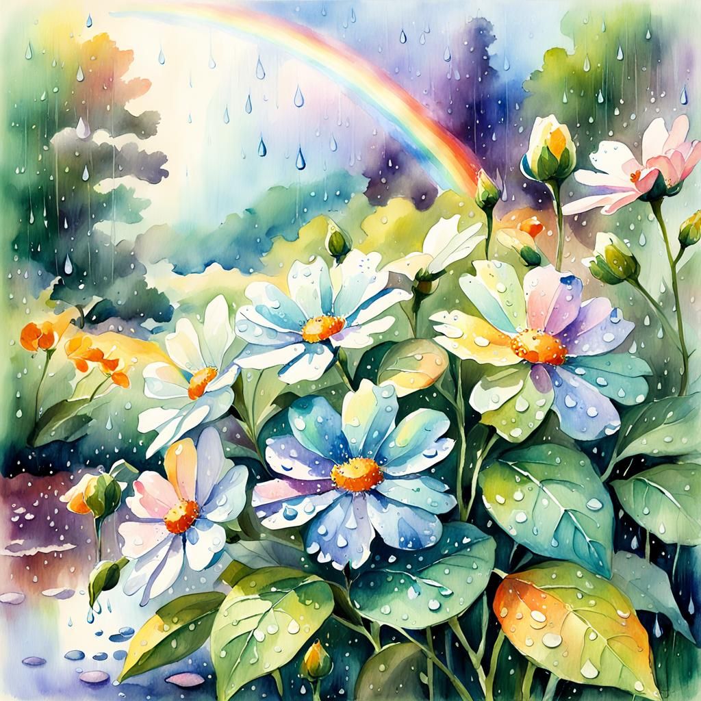 Rainbow and Flowers Watercolor Painting after Rain