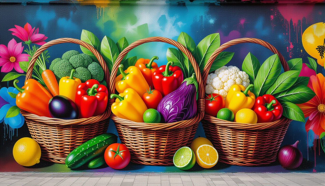 Vibrant Graffiti Mural of Abundant Vegetarian Food