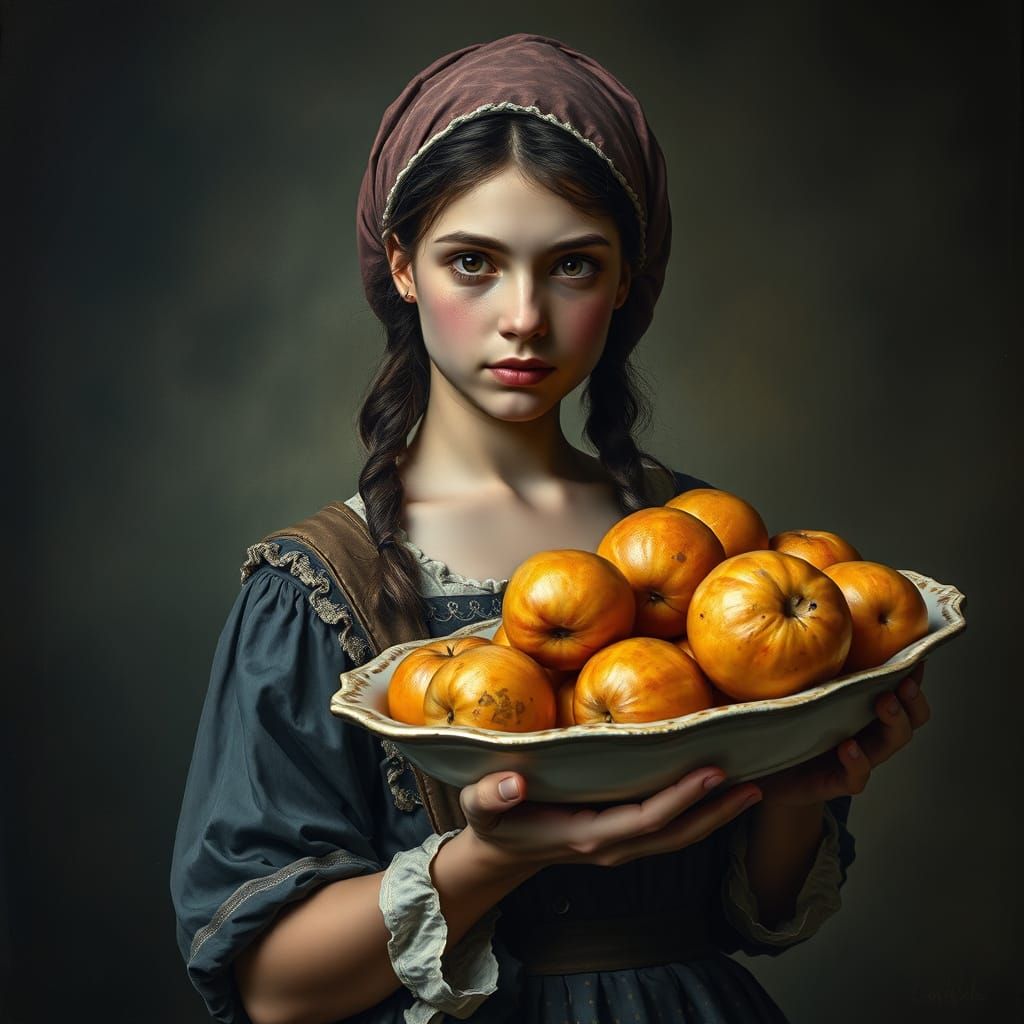 Medieval Market Girl with Fruit in Doré Style