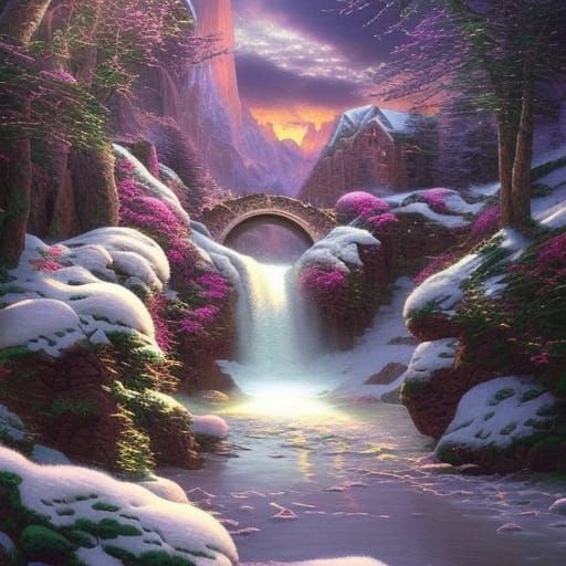 Crystal Peonies and Mountain Landscape Oil Painting