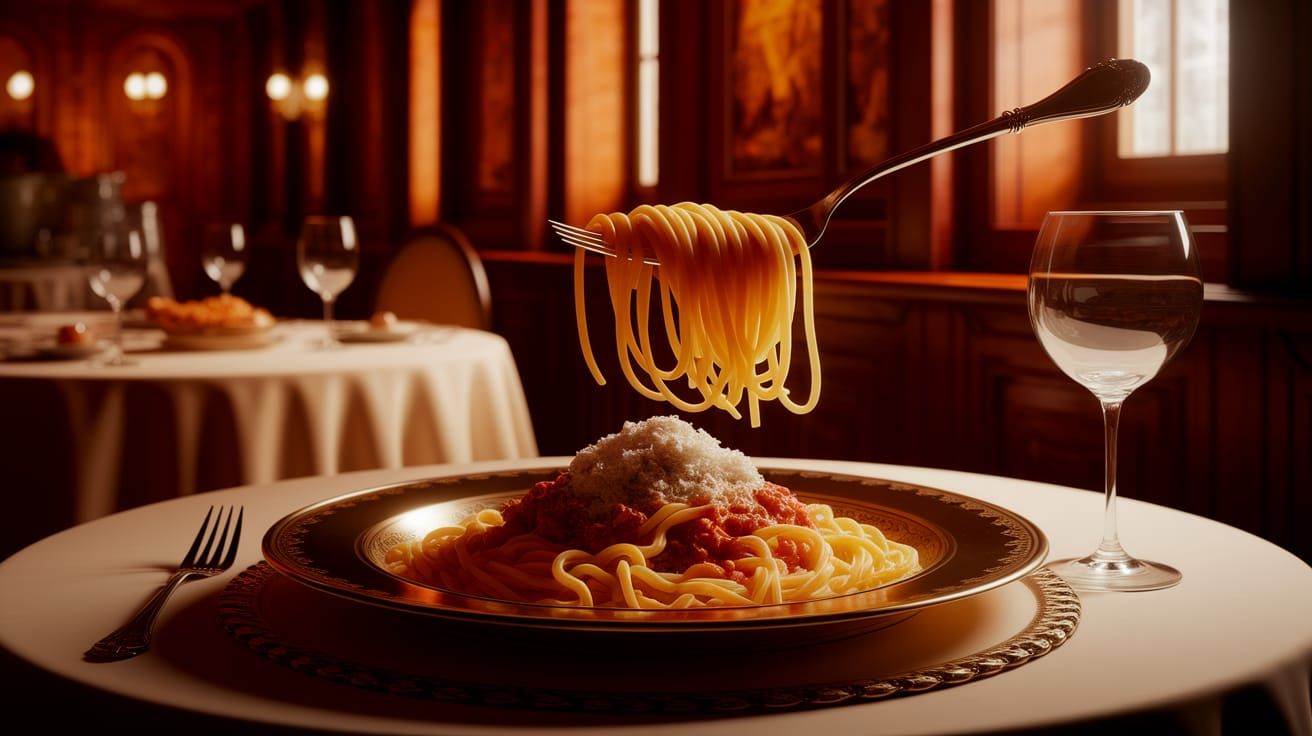 Italian Pasta Twirling Masterpiece in Dark Fantasy Style