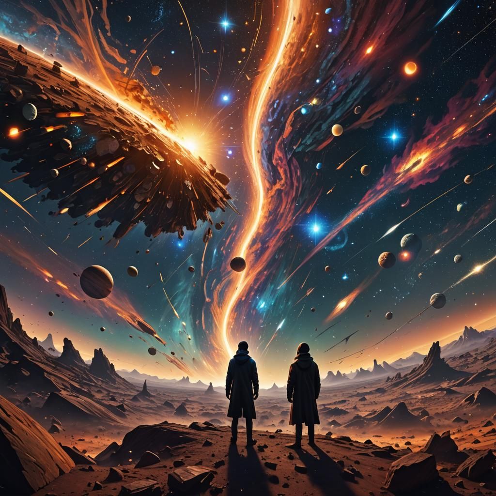 Cosmic Void: Shadowy Figure Amidst Exploding Universes