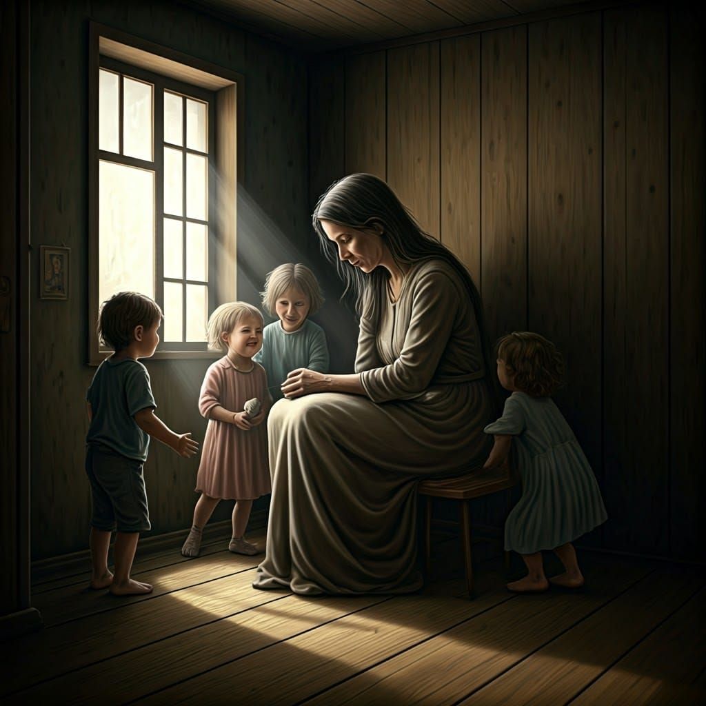 Melancholy Mother in Surreal, Child-Filled Room