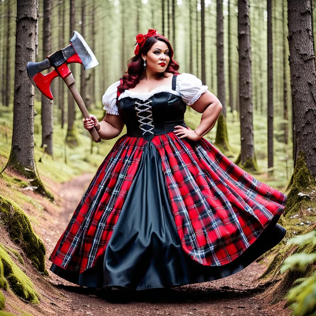Curvy Lumberjill in Plaid Gown in Forest