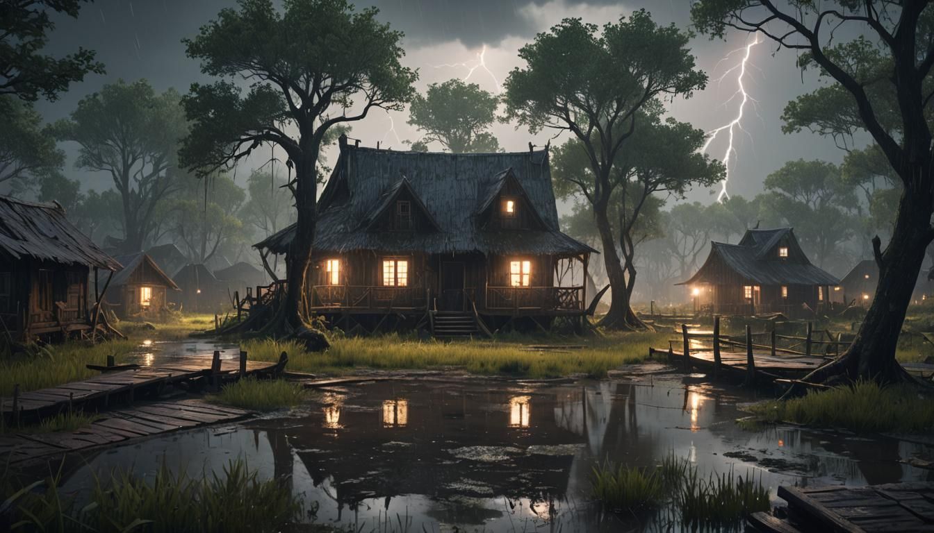 Abandoned Village in Swamp at Night: 3D Render