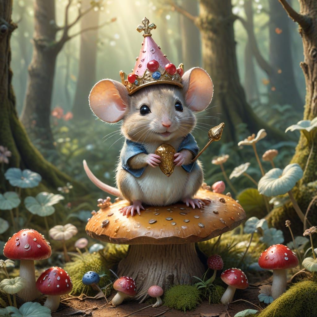 Baby Mouse King on Mushroom Throne, Watercolor Style