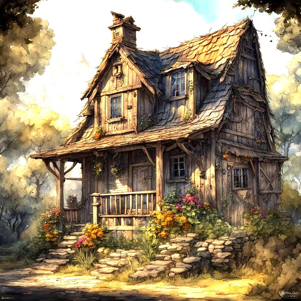 Whimsical Rustic Cottage in Vibrant Watercolor