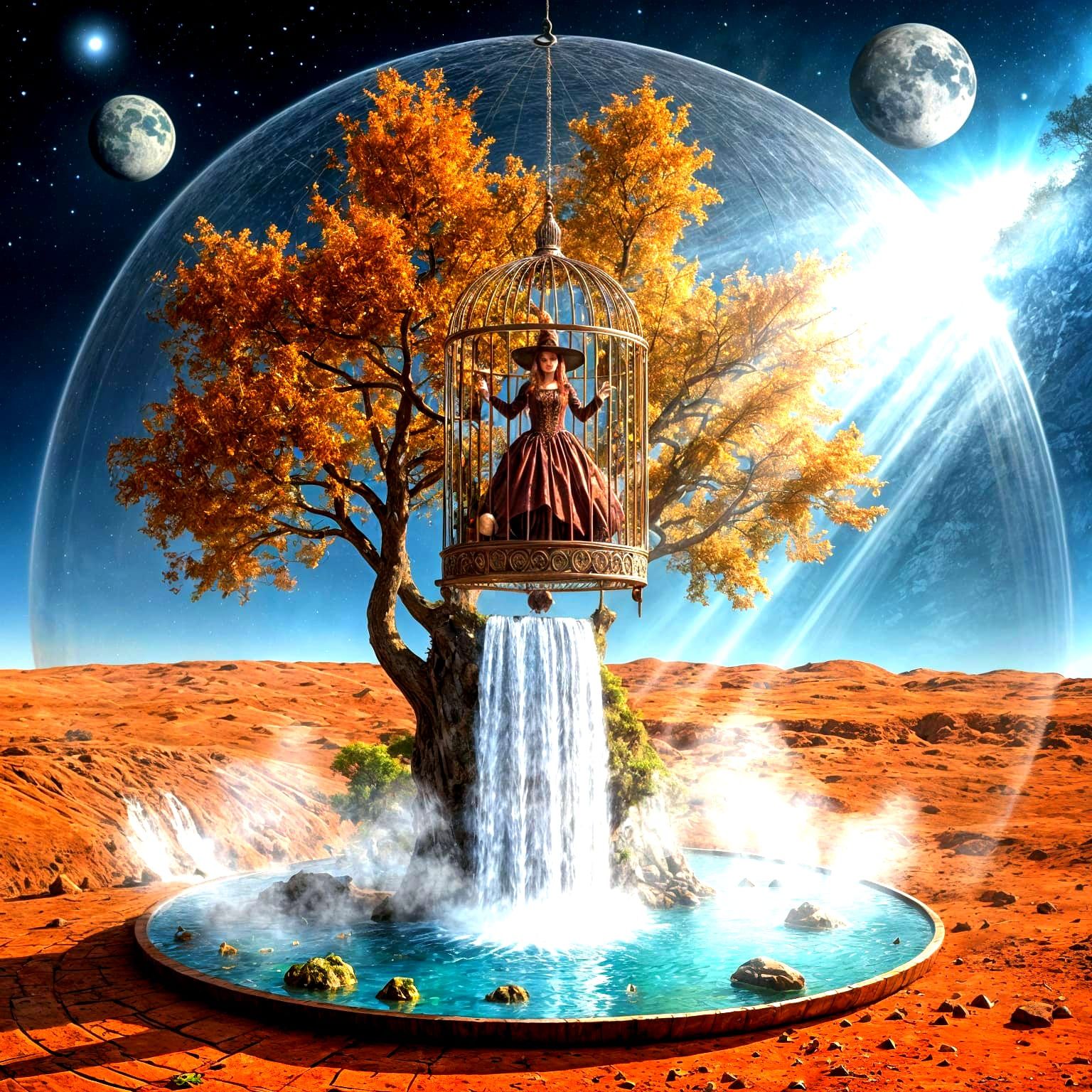 Witch in Birdcage on Mars Amidst Autumn Beauty