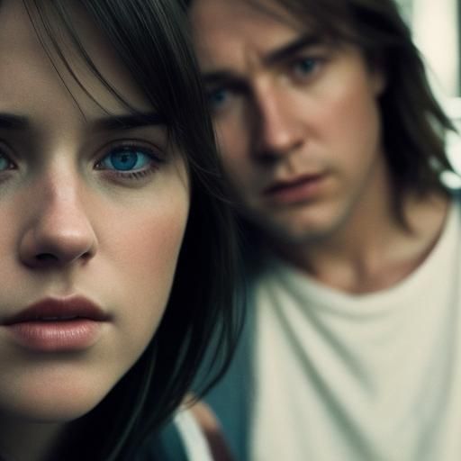 Intimate Film Still of a Couple with Blue Eyes