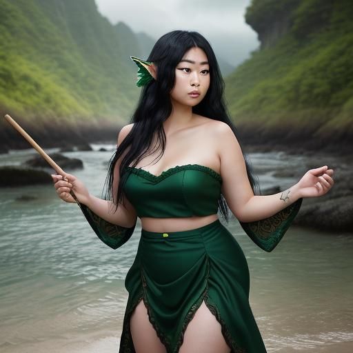 Curvy Fantasy Elf Woman on a Moody Beach in Hyperrealistic S...