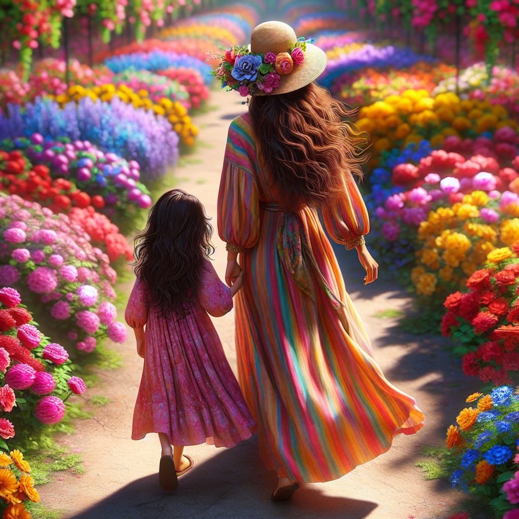 Mother and Daughter Stroll through a Vibrant Garden