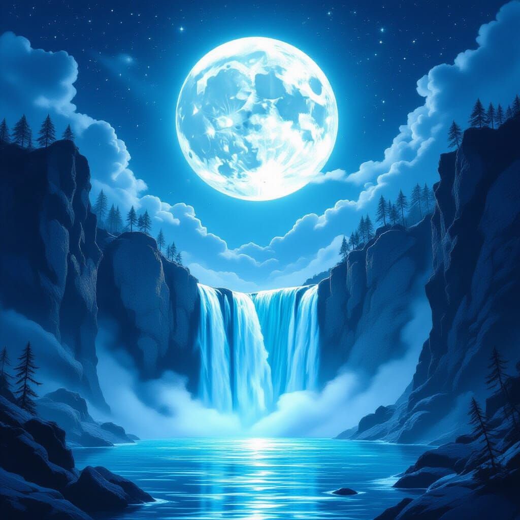 Glowing Moon Over Turquoise Waterfall: Mystical Digital Pain...