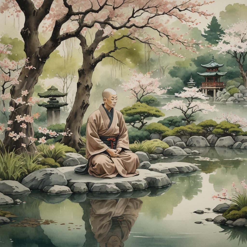 Zen Garden Monk in Ukiyo-e Watercolor Style