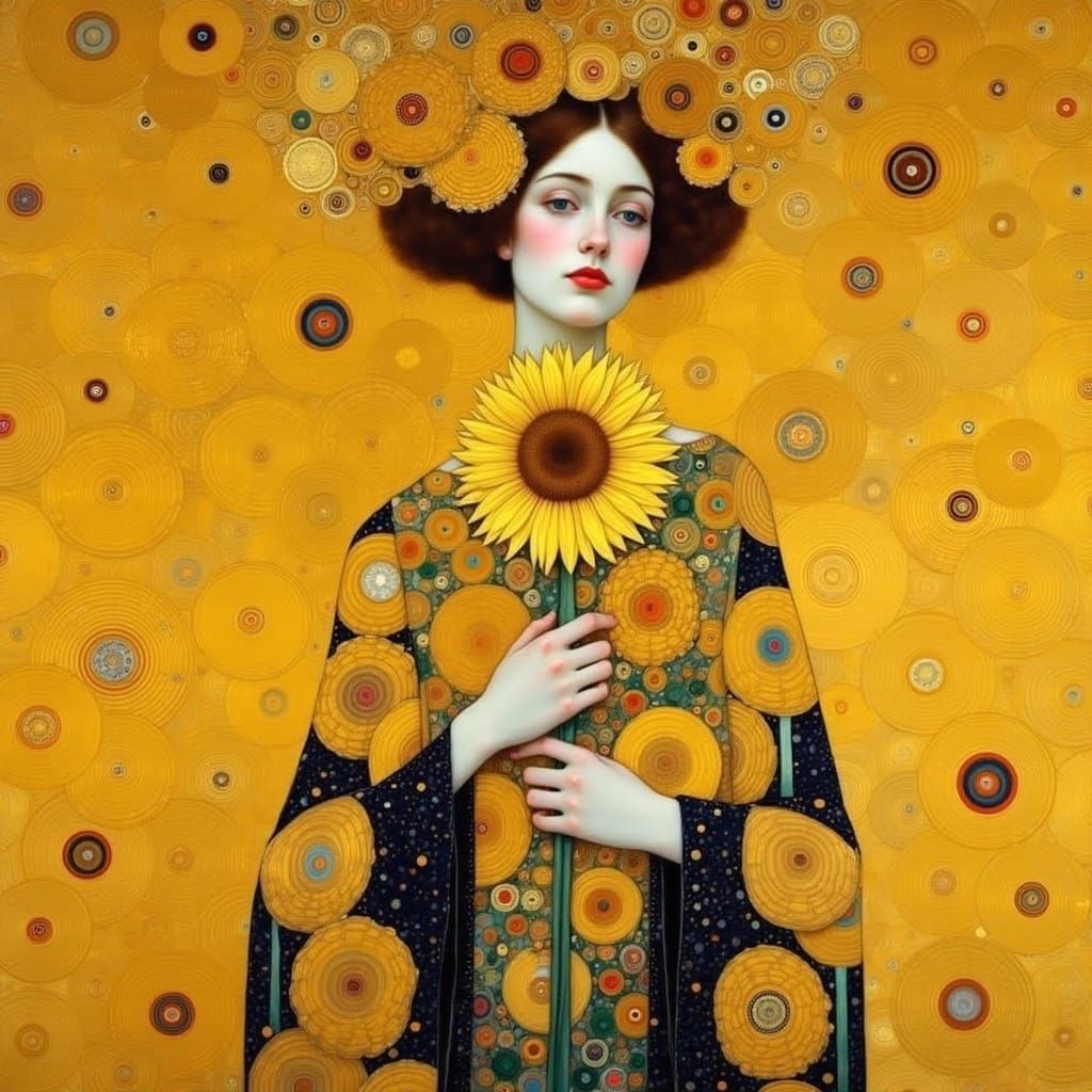 Girl with Sunflower in Burton-Klimt-Doré Style