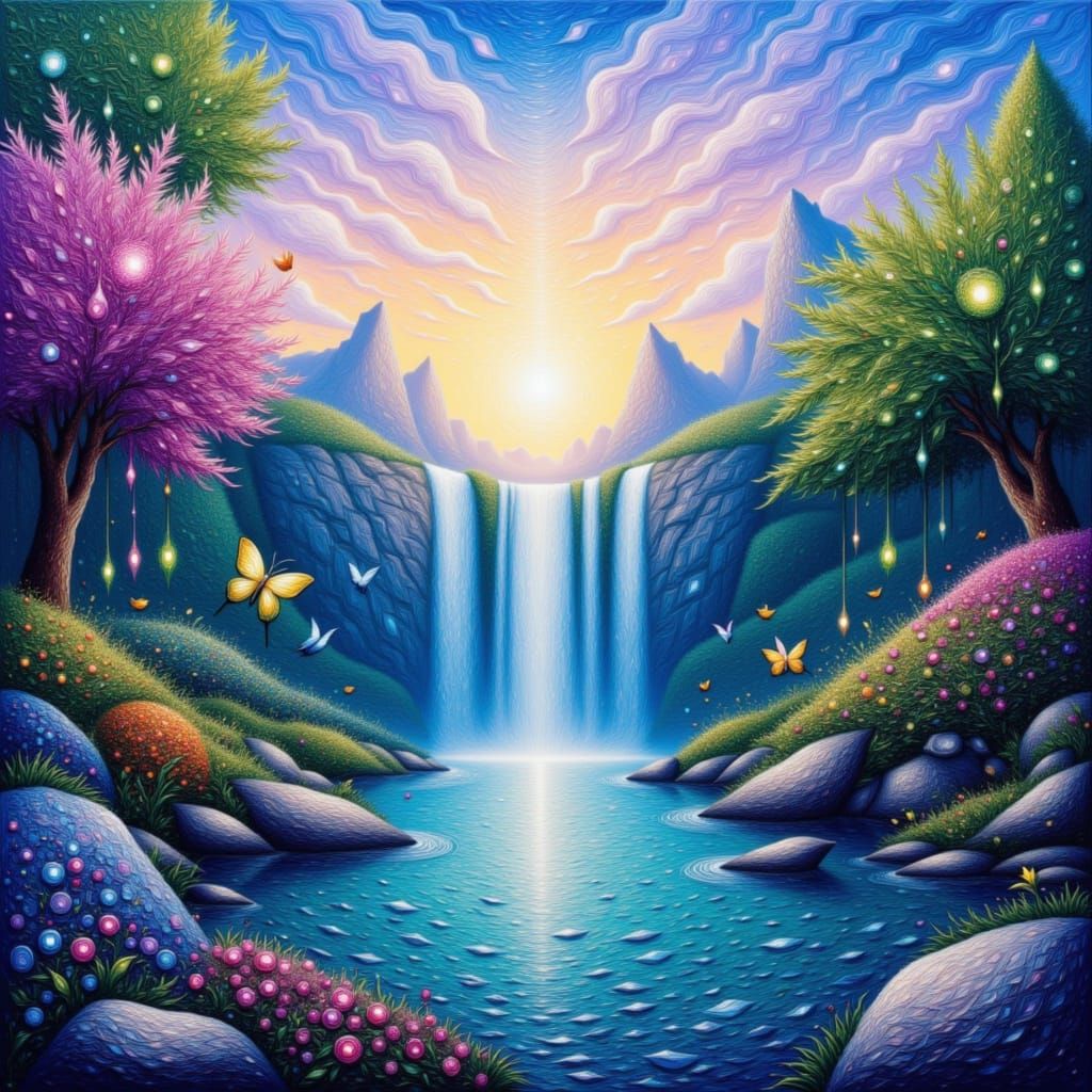 Ethereal Secret Garden with Waterfalls in Anime Style