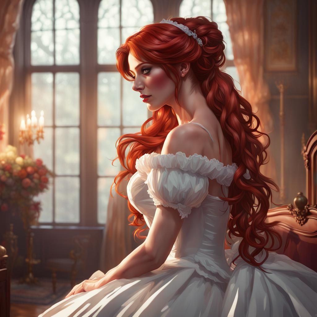 Elegant Red-Haired Bride Kissing French Maid