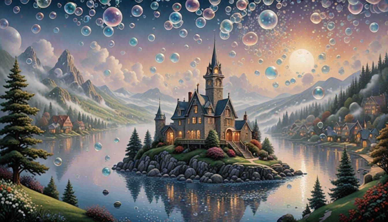 Ethereal Silver and White Bubbles in Pointillism Style