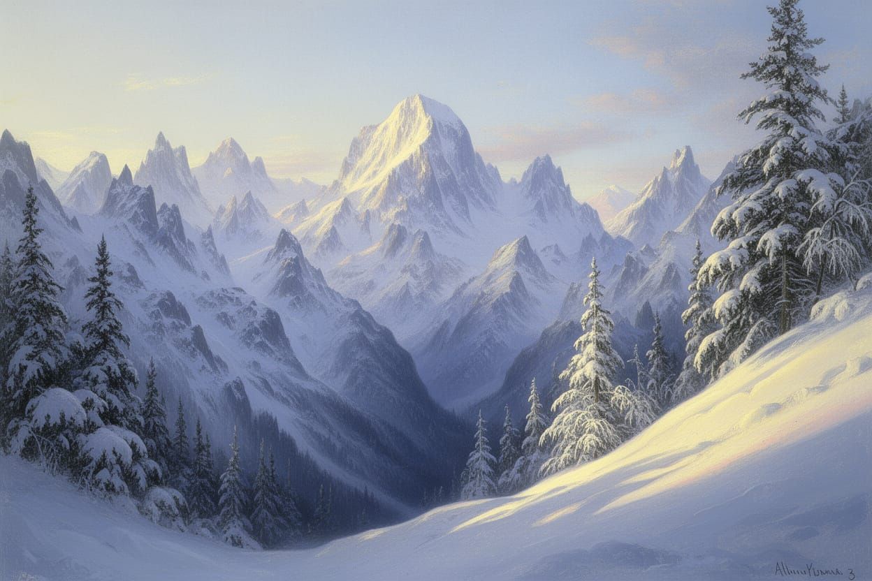 Snowy Mountain Peaks in Pale Morning Light