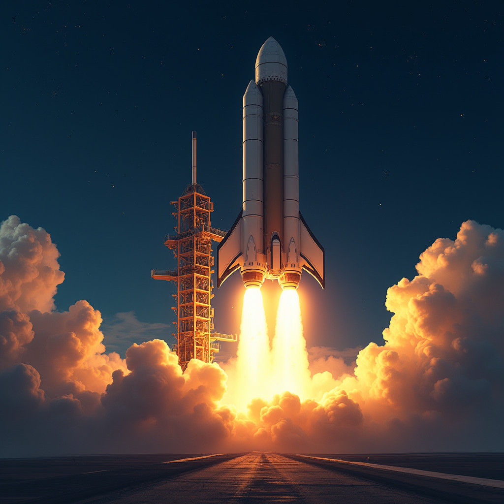Rocket Launch at Night in Futuristic Style