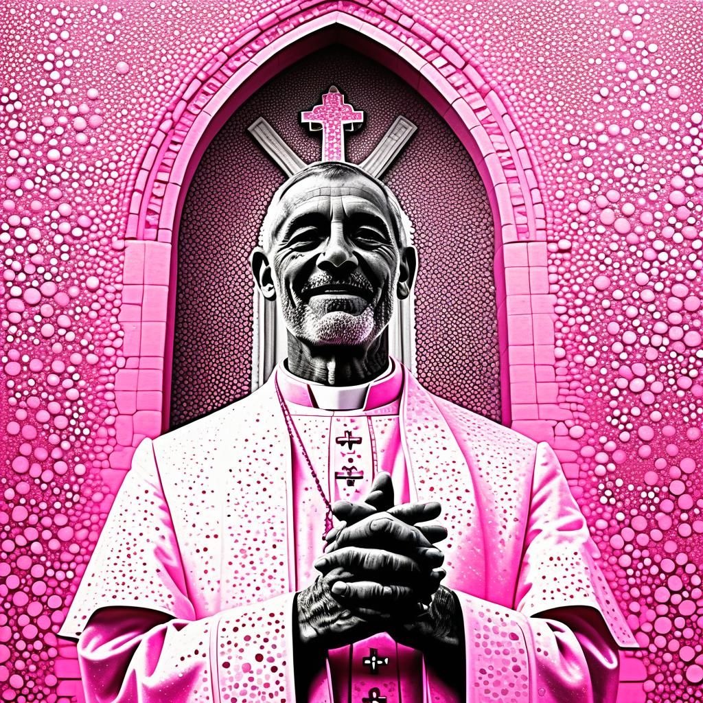 Pink Pointillist Portrait of a Welcoming Priest