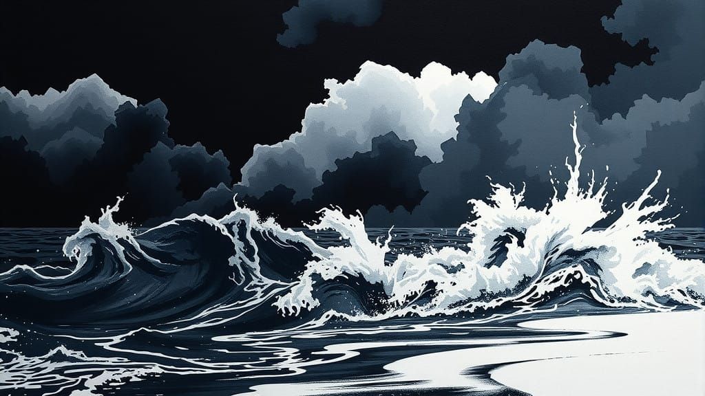 Turbulent Ocean in Cyberpunk-Inspired Woodblock Print Style