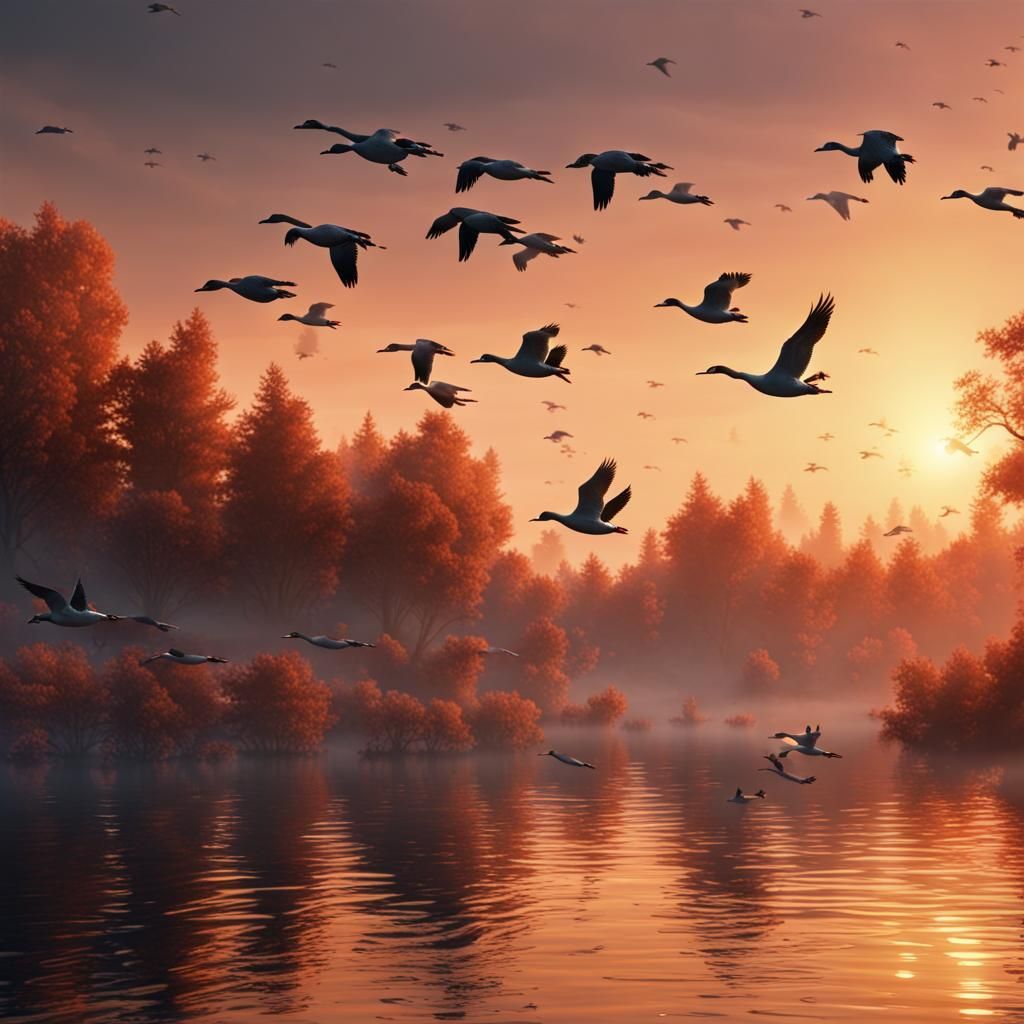 Geese Flying Over Lake at Sunrise: Fantasy Concept Art