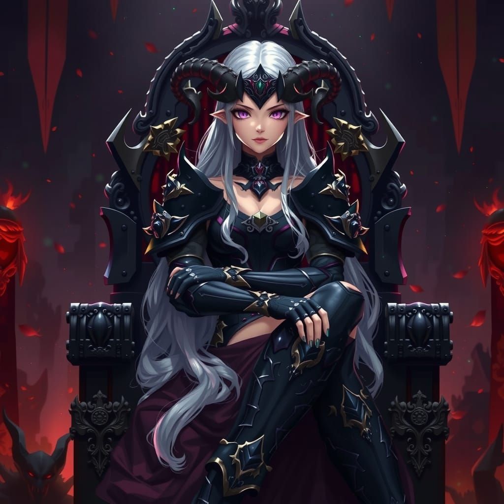 Armored Woman on Throne in Anime Style