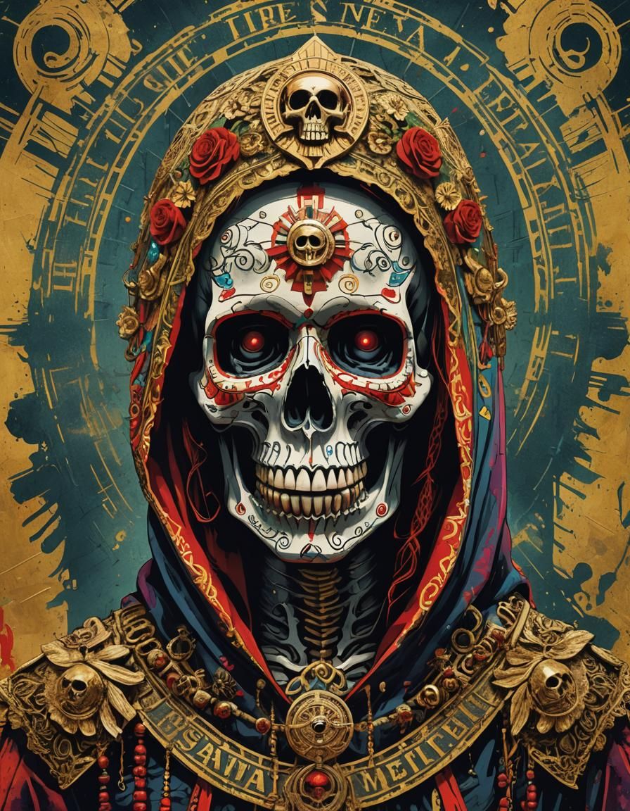Femme Santa Muerte Skull in Gritty Pop Art Style